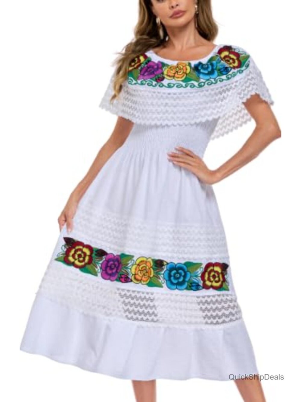 Mexican Embroidered Off-Shoulder Floral Midi Dress Cotton Fiesta